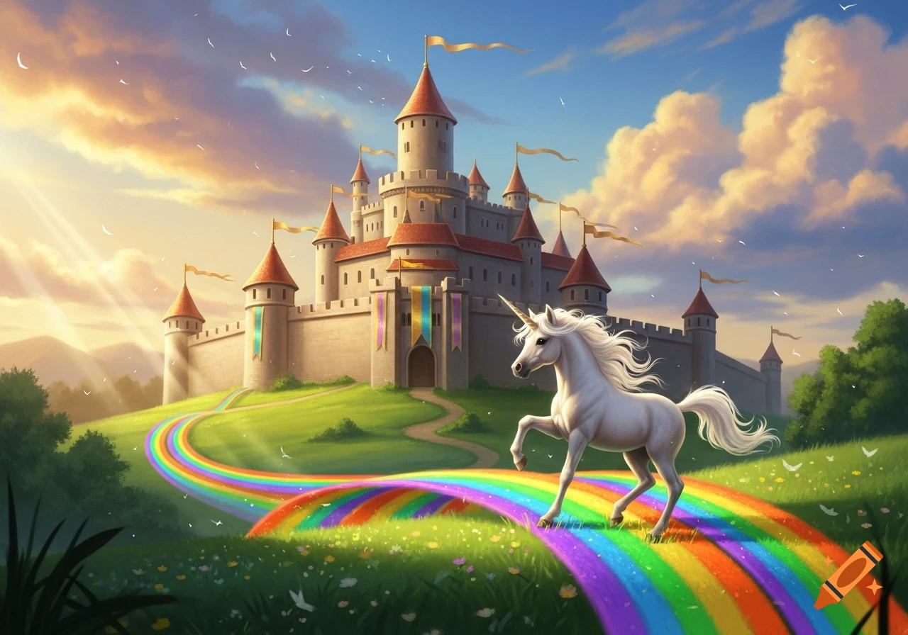 A white unicorn stands on a vibrant rainbow path leading to a majestic fantasy castle with flags under a colorful sunset sky.