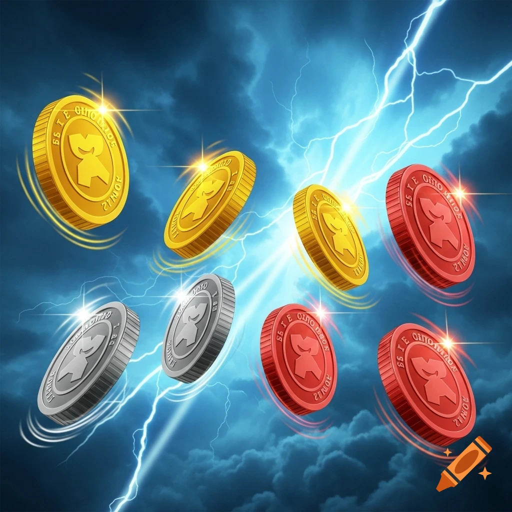 Gold, silver, and red coins with symbols float in a dark, stormy sky illuminated by lightning.