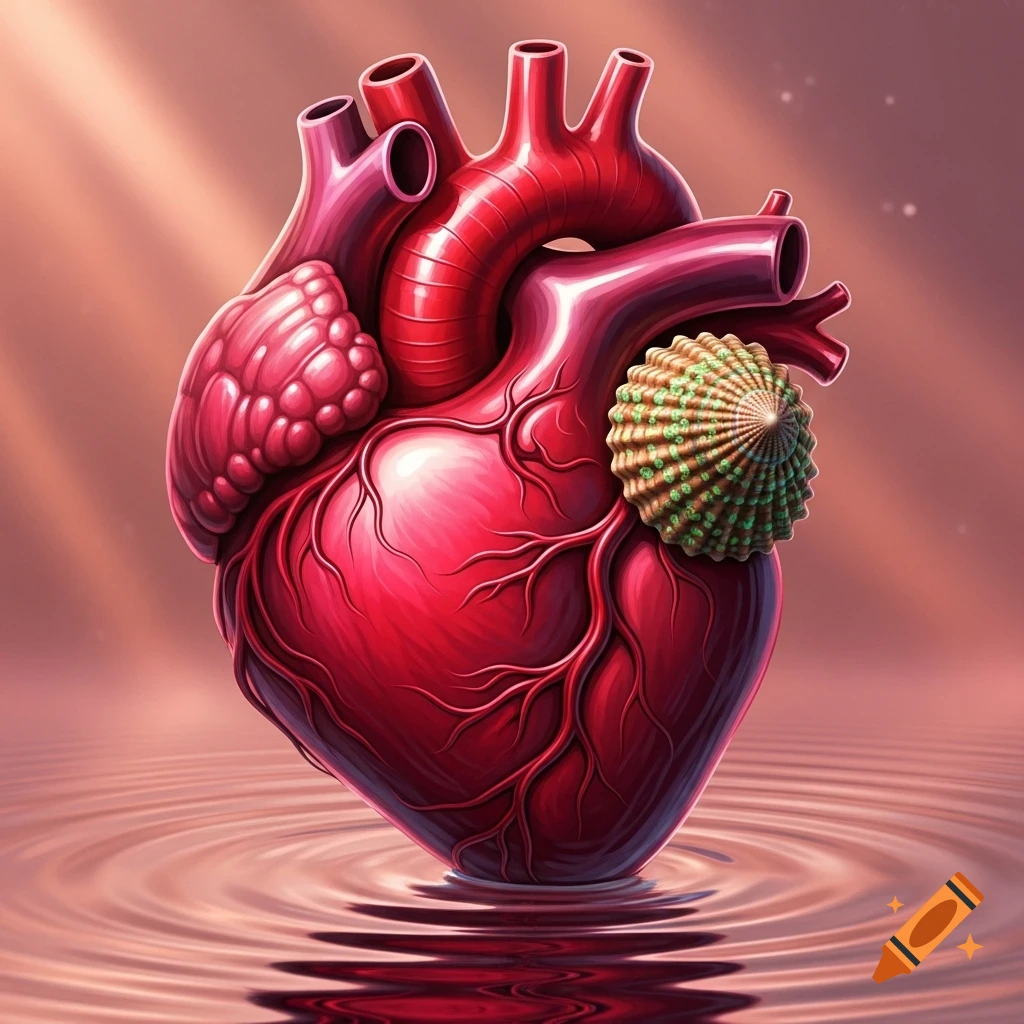 A vibrant red, stylized human heart with a small green and brown limpet attached, resting in rippling water under soft light rays.