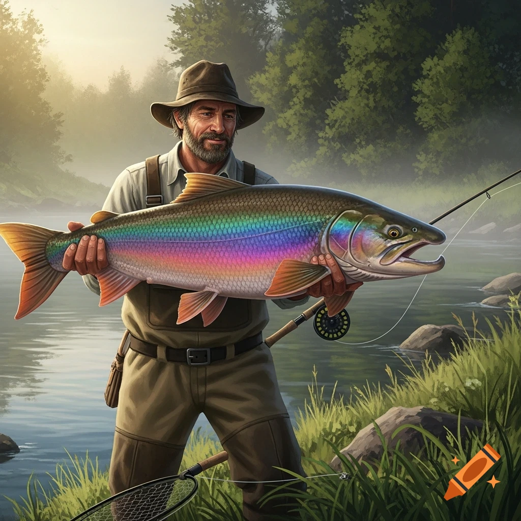 A man in a hat holds up a large, vibrantly rainbow-colored fish he caught in a river, surrounded by trees.