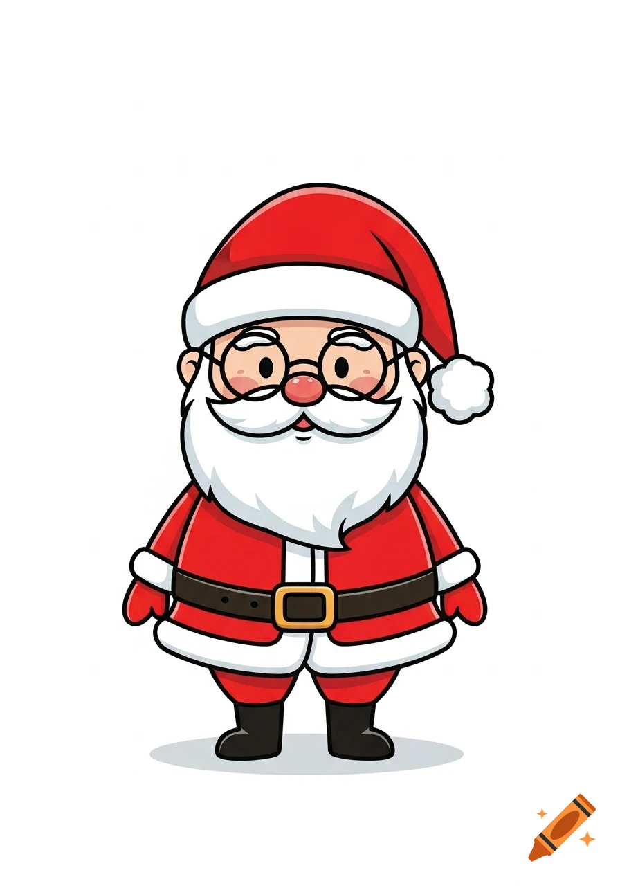 A cute cartoon illustration of Santa Claus in a red suit and hat, with a white beard and glasses, on a white background.