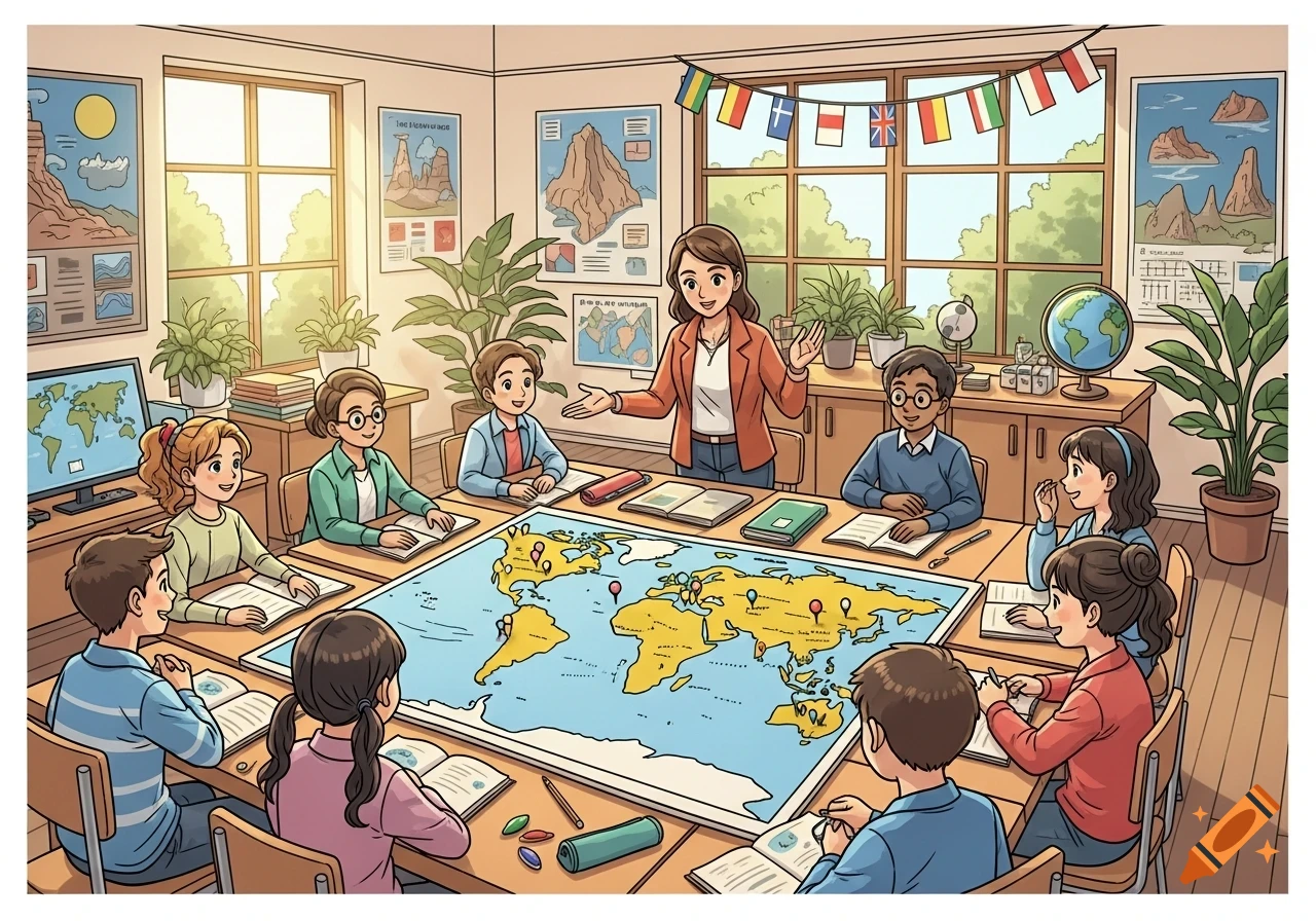 A cartoon illustration of a teacher and students learning geography in a classroom, gathered around a large world map on a table.