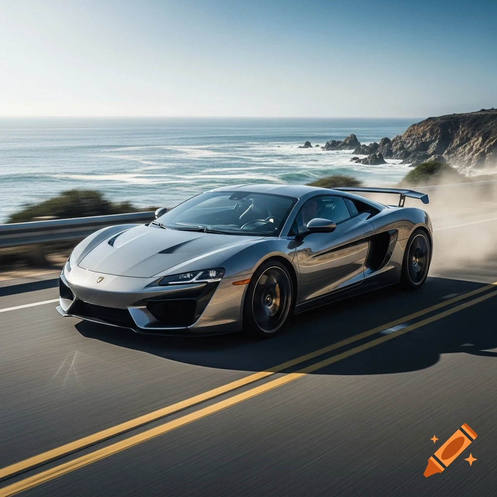 A sleek silver sports car drives on a winding coastal highway with the ocean and cliffs in the background under a clear sky.