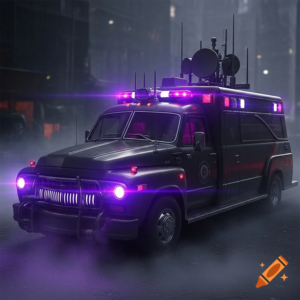 A dark, modified ambulance with purple and white strobes and antennae, glowing with an ultraviolet aura in a foggy city at night.