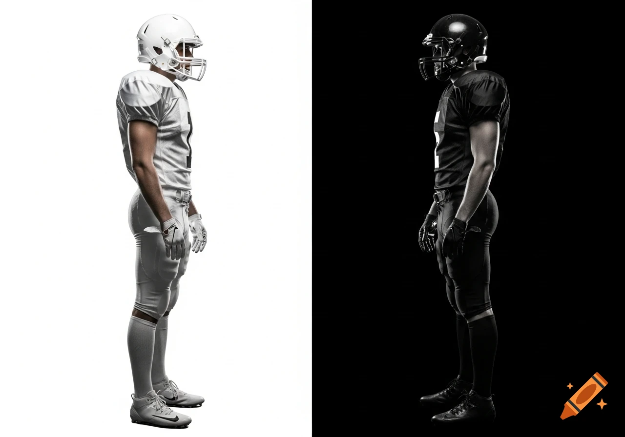 Side view of two American football players; one in a white uniform on a white background, the other in a black uniform on a black background.
