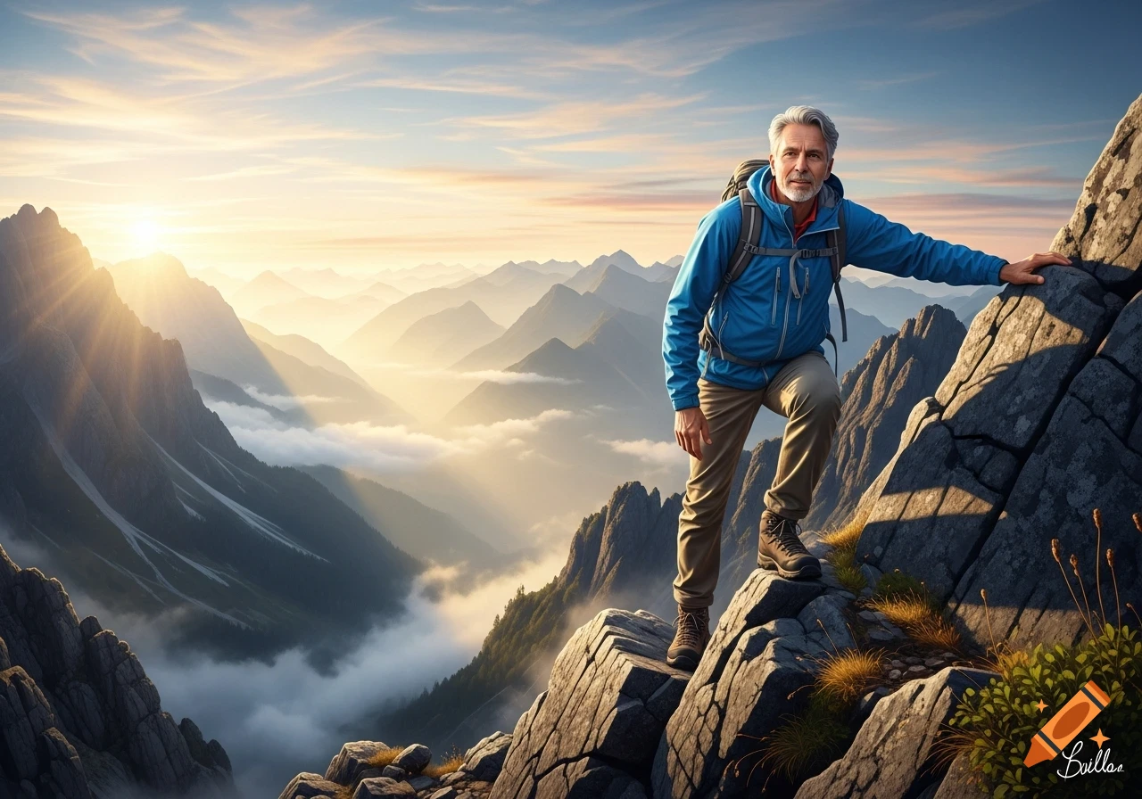 A man with a backpack hikes up a rocky mountain at sunrise, with layered misty mountains in the background.