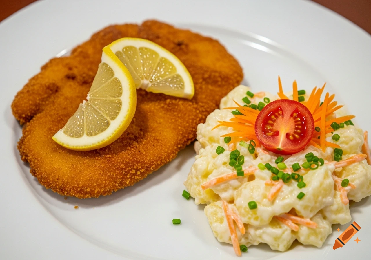 A plate of golden-brown schnitzel topped with lemon wedges, alongside potato salad garnished with carrots, tomato, and chives.