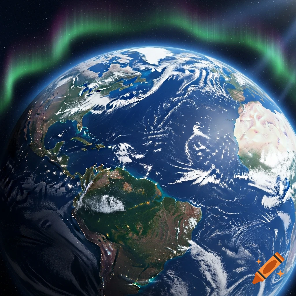 Photorealistic view of Earth from space, showing North and South America and Africa with green and purple aurora.