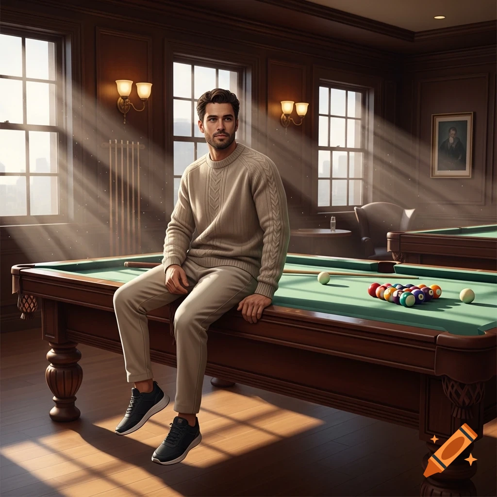 A man in a beige knitted sweater and pants sits on a wooden pool table with billiard balls, lit by sunlight.