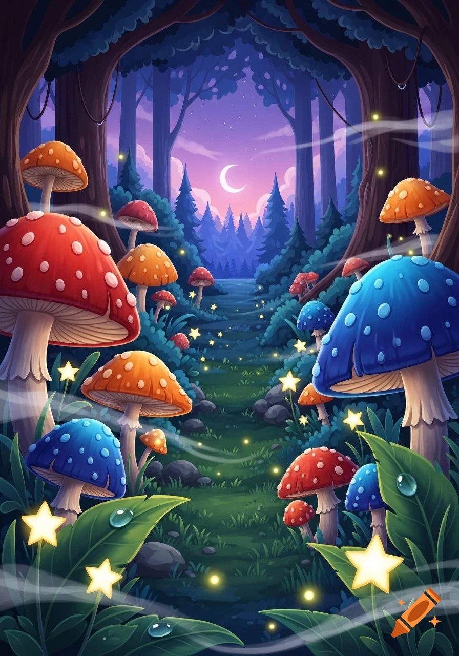 Whimsical fantasy forest path at dusk with glowing stars, colorful red, orange, and blue mushrooms, and a crescent moon.