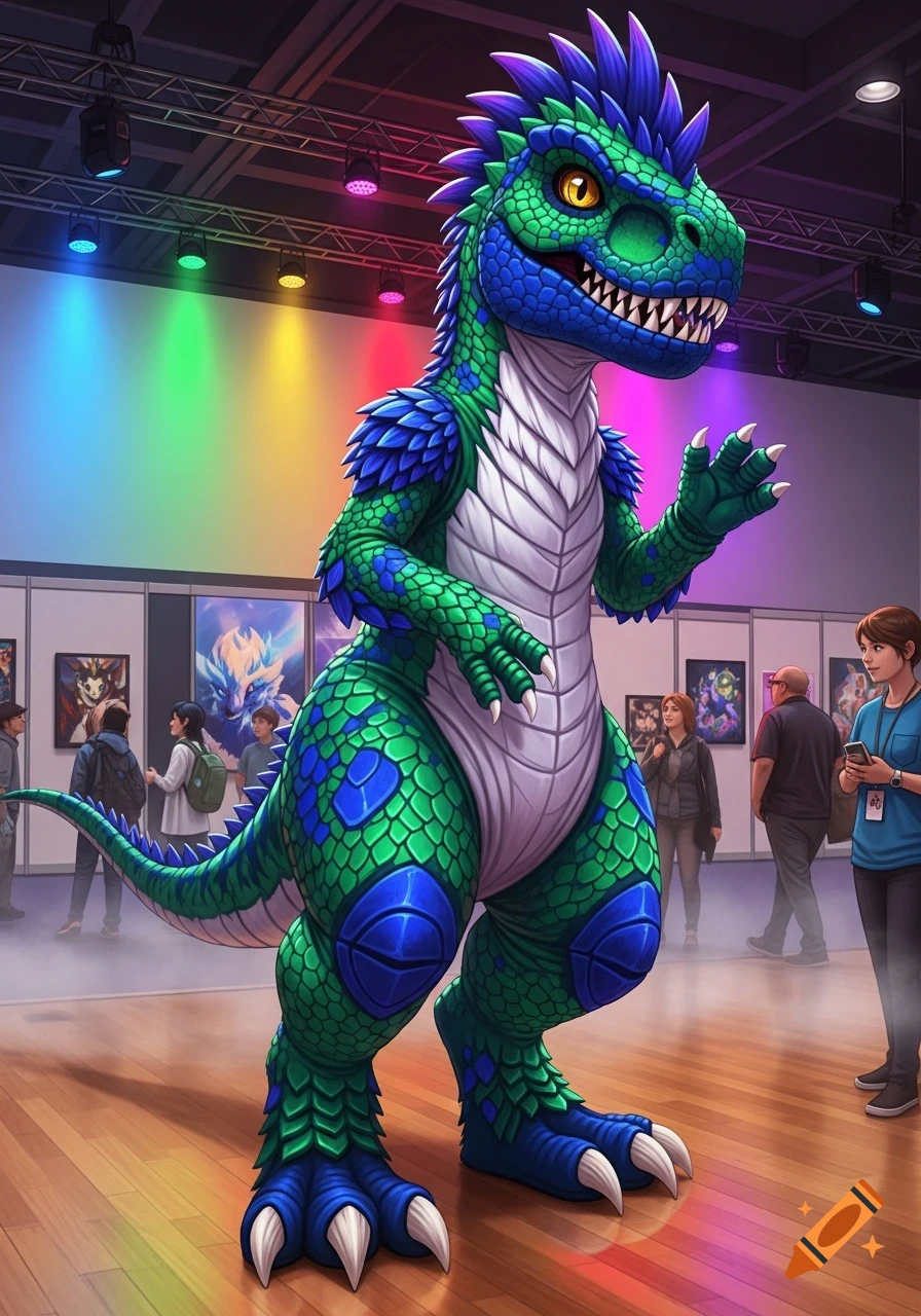 A vibrant green and blue dinosaur fursuit stands in the foreground of a bustling convention hall, with attendees and colorful art displays in the background.