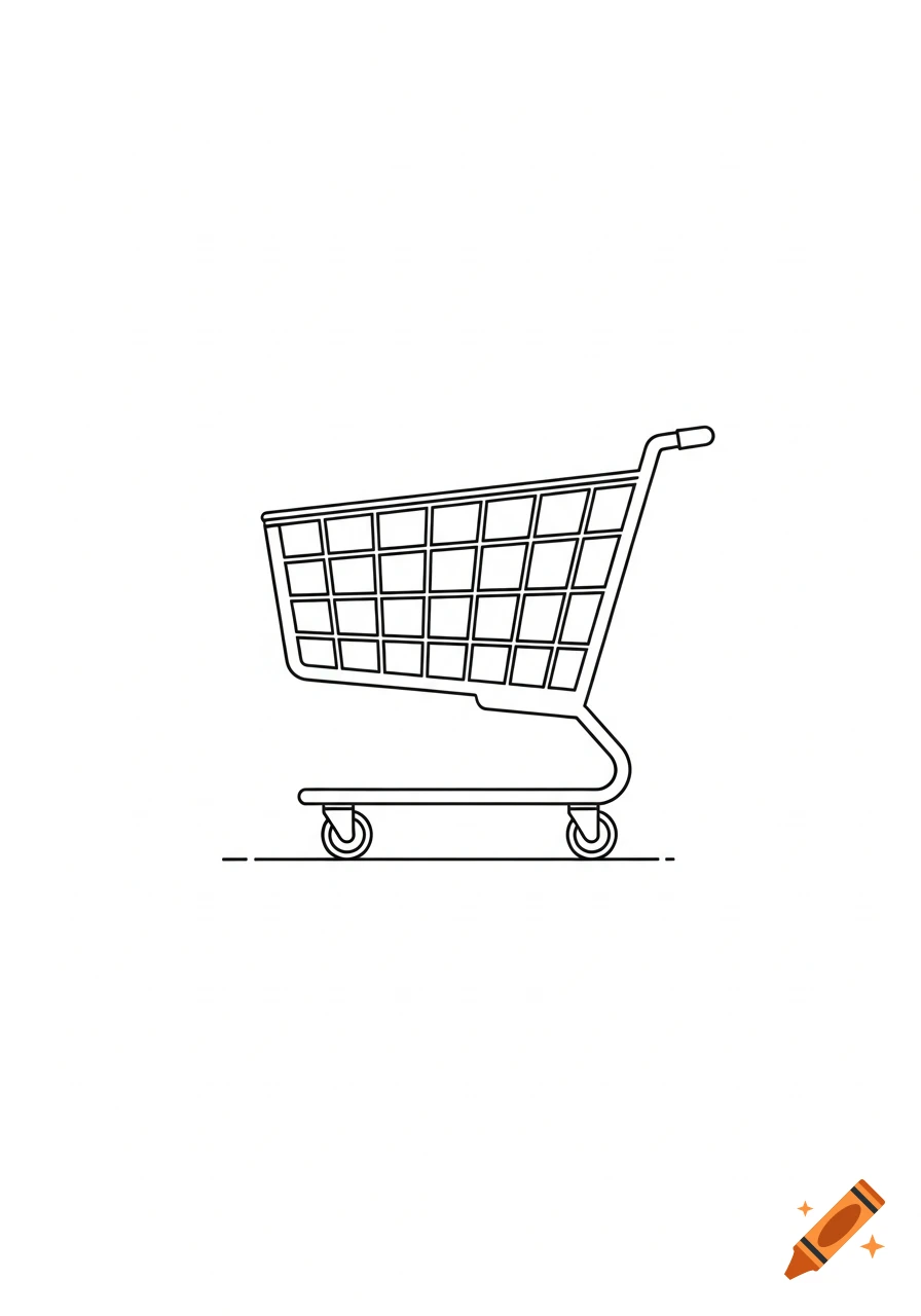 A simple, minimal line art illustration of a shopping cart with a grid basket, handle, and wheels, depicted on a white background.