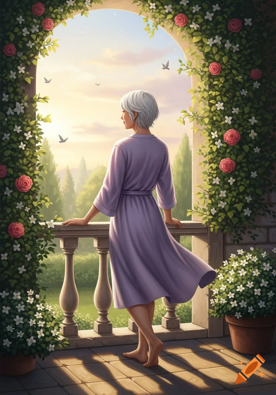 Illustration of a white-haired woman in a purple robe on a flower-covered balcony, looking out at a sunny landscape.