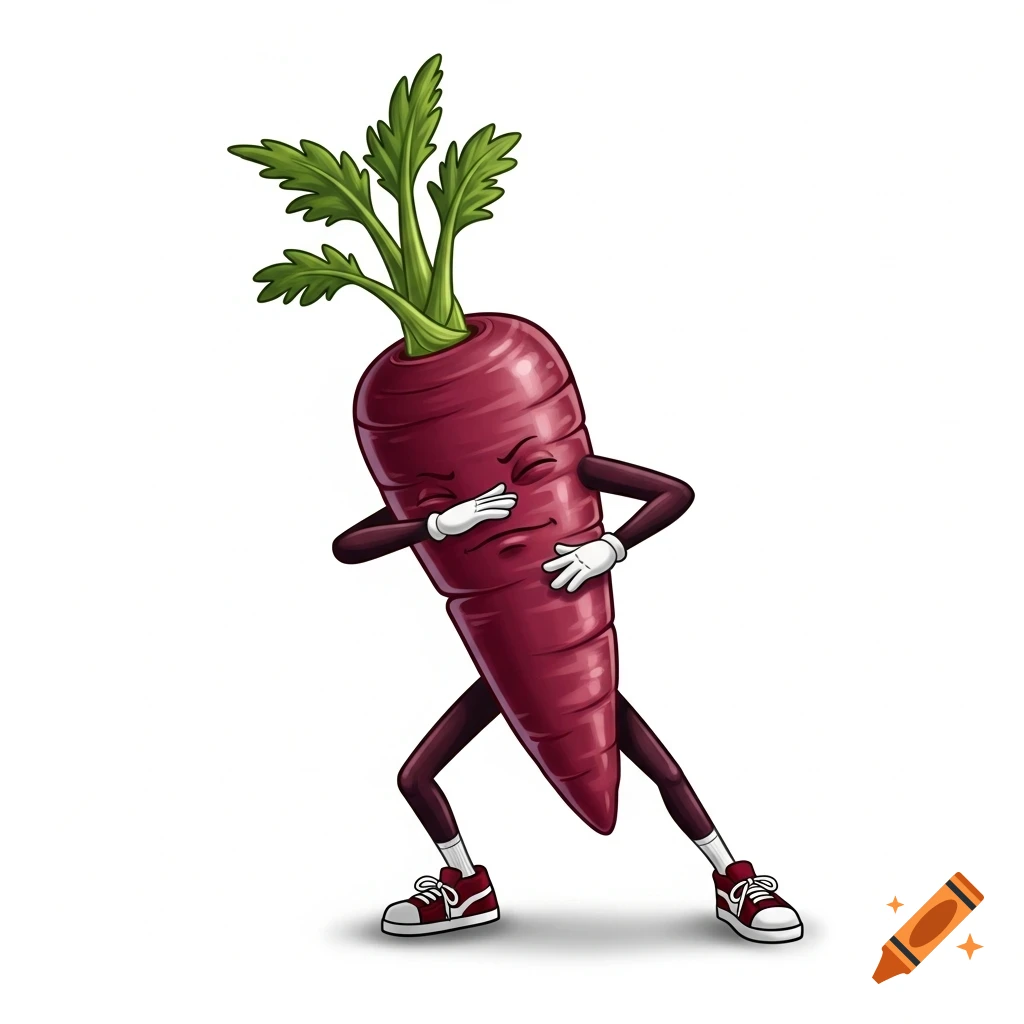 A cartoon purple carrot with green leaves, arms, legs, and red sneakers is dabbing on a white background.