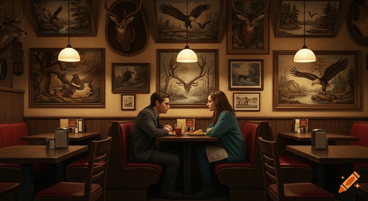 A man and a woman dine in a dimly lit restaurant booth, surrounded by framed paintings of eagles and deer on the wood-paneled walls.