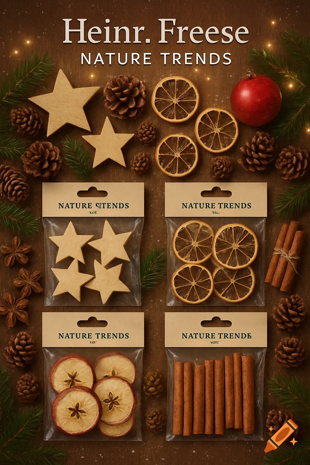 A flat lay image displaying Christmas crafting items: wooden stars, dried orange and apple slices, cinnamon sticks, and pine cones, all packaged and arranged on a wooden background with fir branches and twinkling lights.