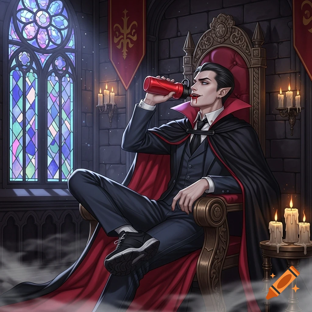 A stylized vampire in a cape and suit sits on a throne, drinking from a red sports bottle, with blood on his mouth, in a gothic room.