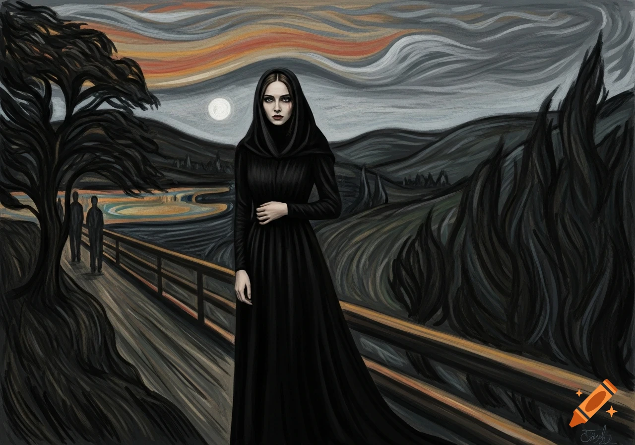 A woman in a black hooded dress stands on a bridge in an expressionistic, dark landscape with a swirling sky, in the style of Munch.