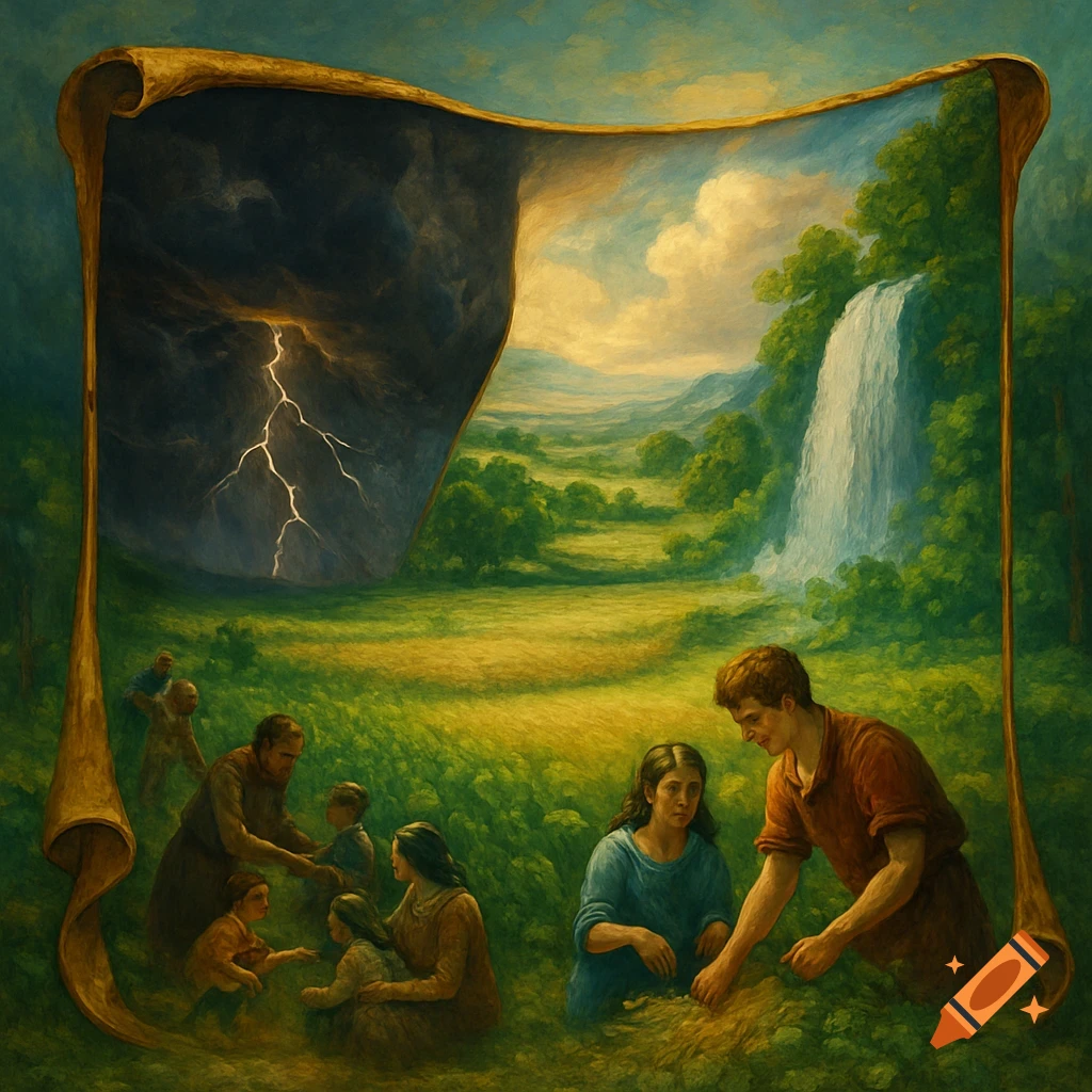 An allegorical painting shows a scroll dividing a landscape, with a storm on one side and a lush waterfall on the other. People are in a grassy field below.