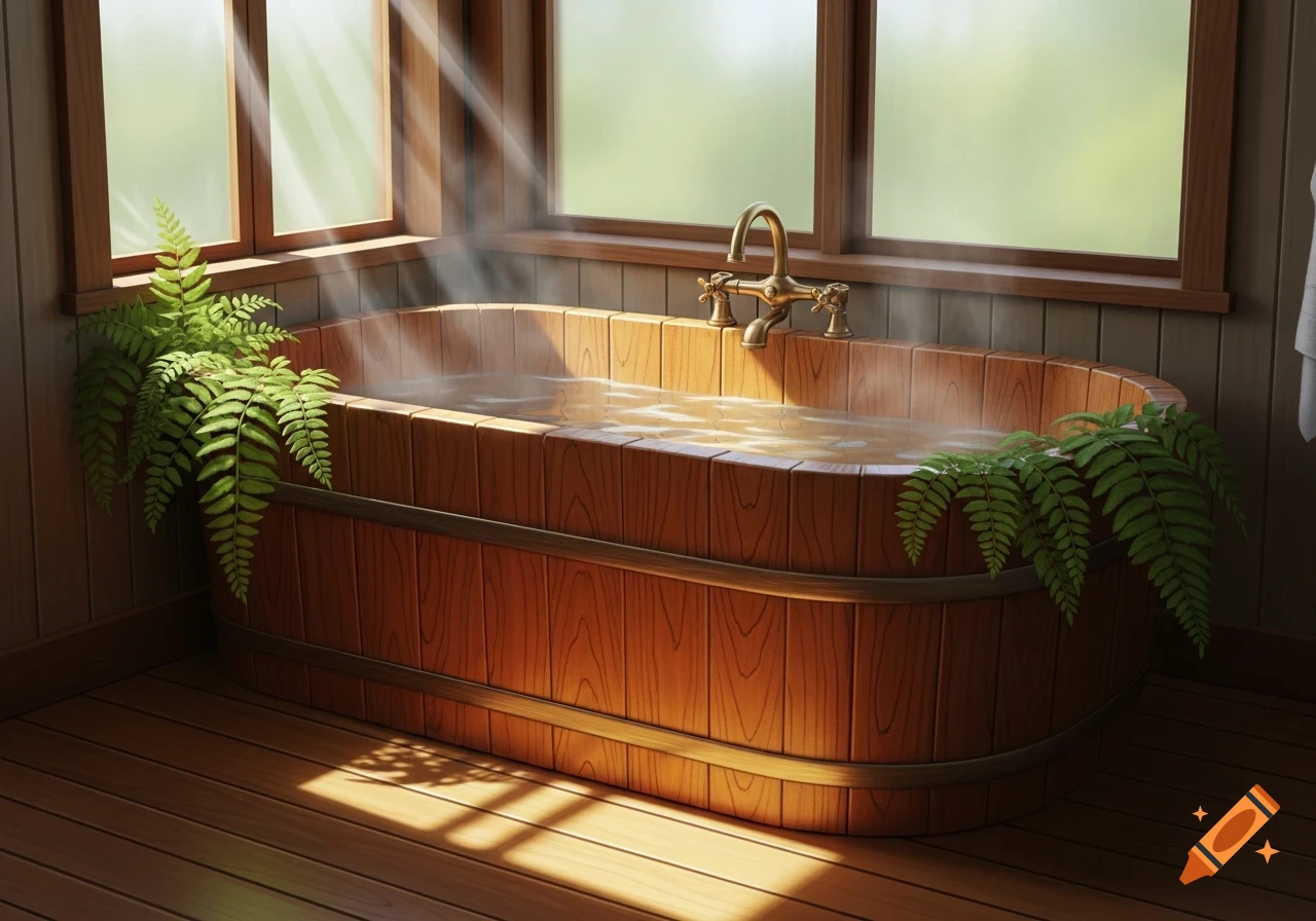 A rustic wooden bathtub filled with steaming water, surrounded by green ferns, bathed in sunlight streaming through a window.