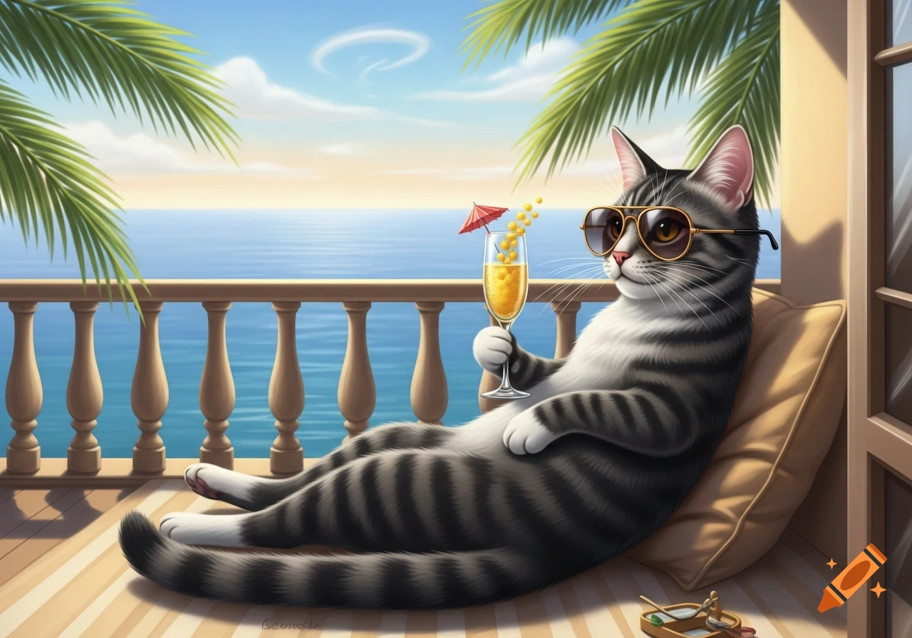 A stylized tabby cat in sunglasses lounges on a balcony overlooking the ocean, sipping a mimosa under palm fronds.