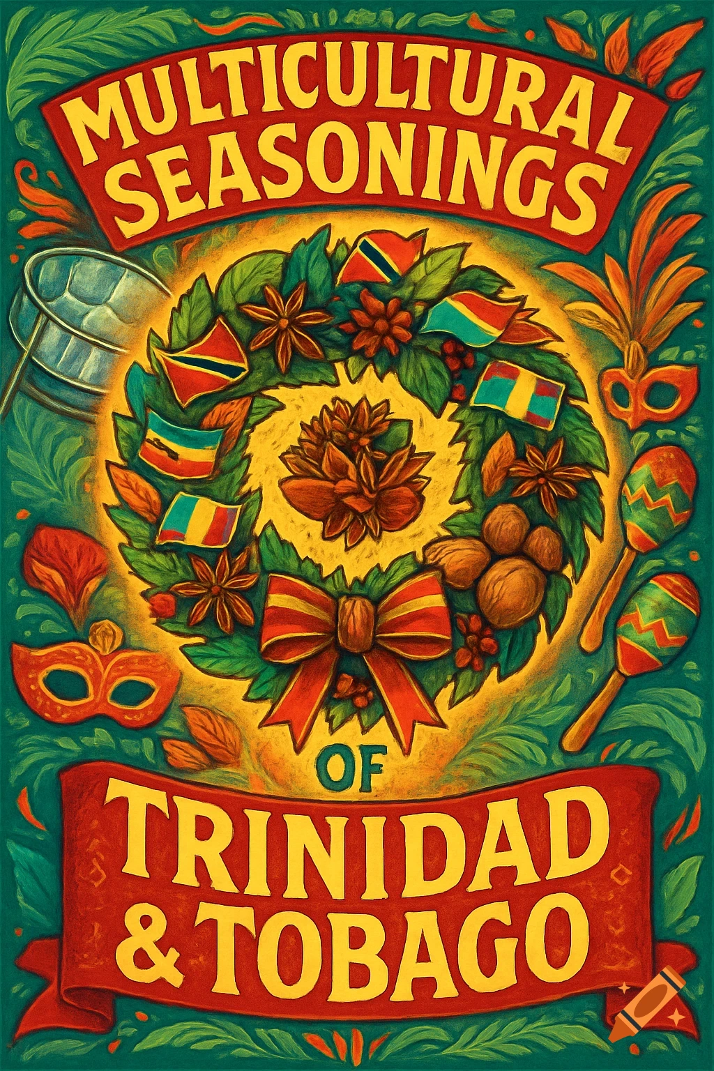 Vibrant folk art poster for 'Multicultural Seasonings of Trinidad & Tobago,' featuring a wreath, flags, spices, mask, and maracas.