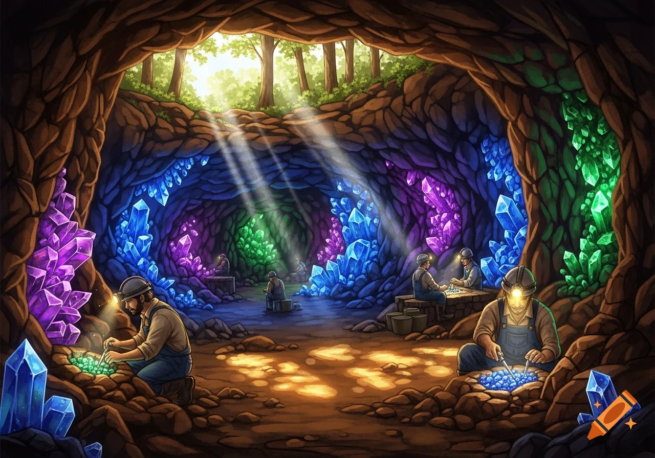 Fantasy illustration of miners collecting glowing blue, purple, and green crystals inside a brightly lit cave with light rays.