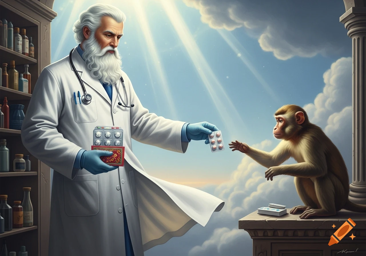 A bearded doctor in a lab coat offers pills to a monkey on a stone ledge against a sky with sun rays.