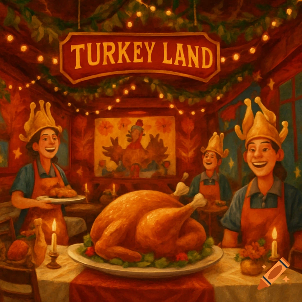 Painterly scene in a festive restaurant called "Turkey Land," with employees wearing turkey hats serving a large roasted turkey.