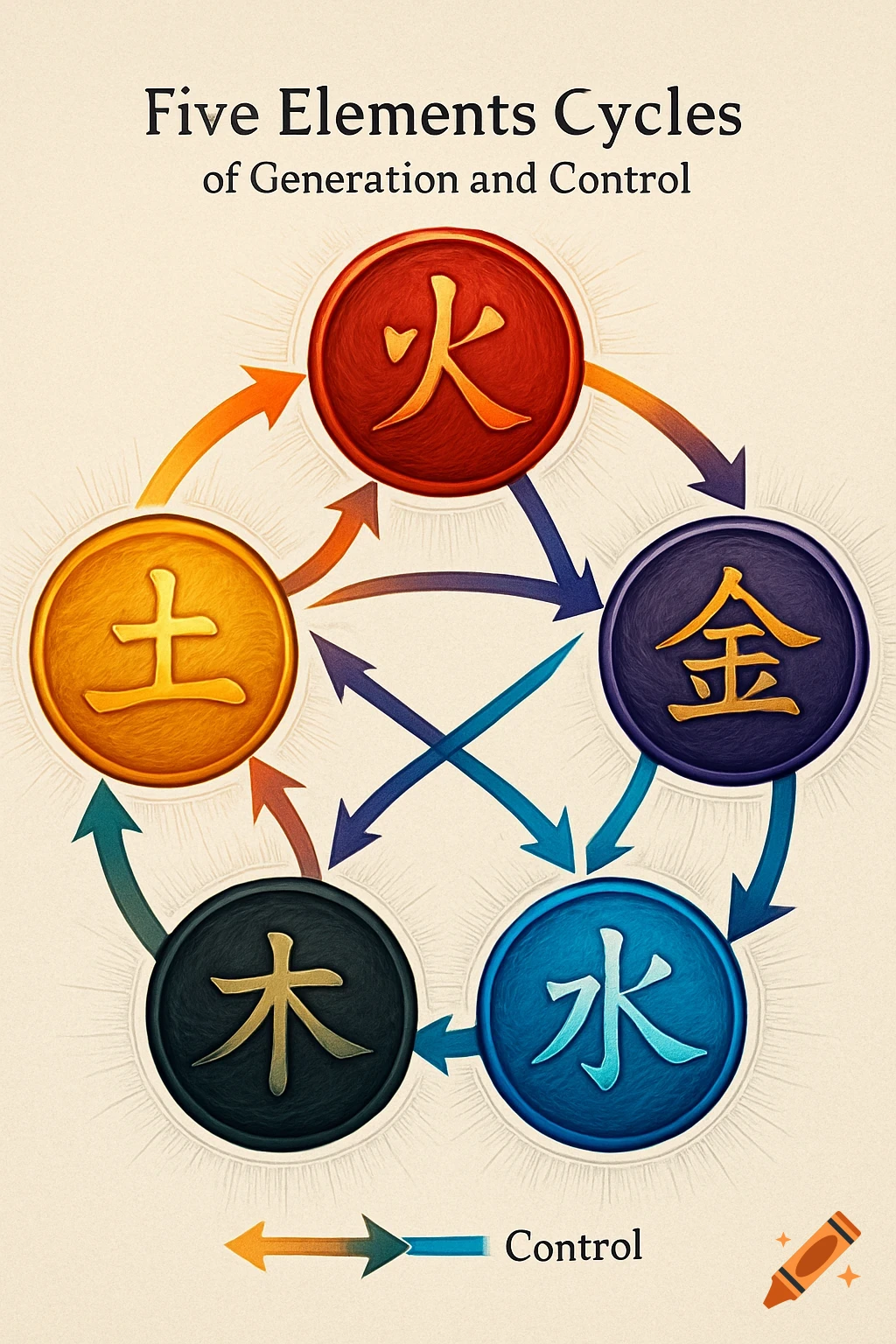 A colorful diagram illustrating the Five Elements Cycles of Generation and Control with Chinese characters.