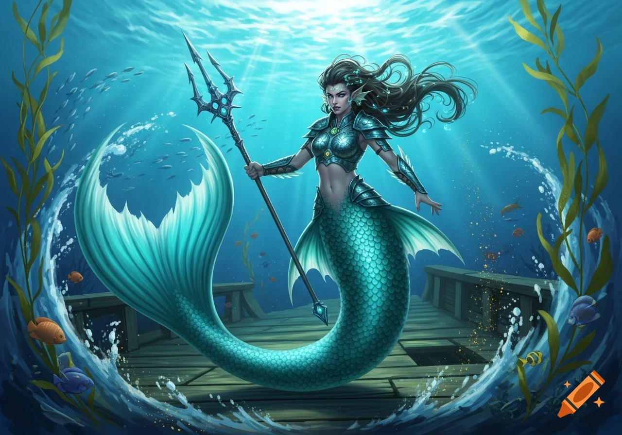 A mermaid warrior with a trident stands on an underwater dock, surrounded by fish and seaweed, with light rays piercing the water.