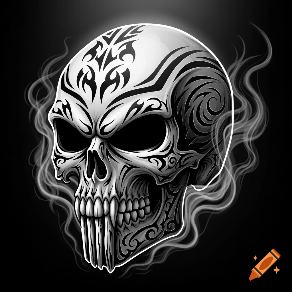 A stylized black and white skull with tribal patterns and smoky wisps on a black background.