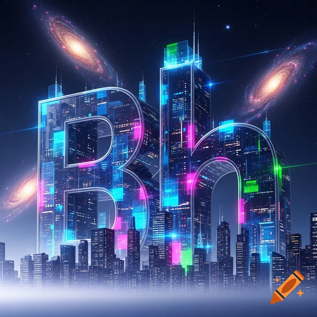 Large transparent glowing 'Bh' buildings rise above a futuristic city skyline under a night sky with swirling galaxies.
