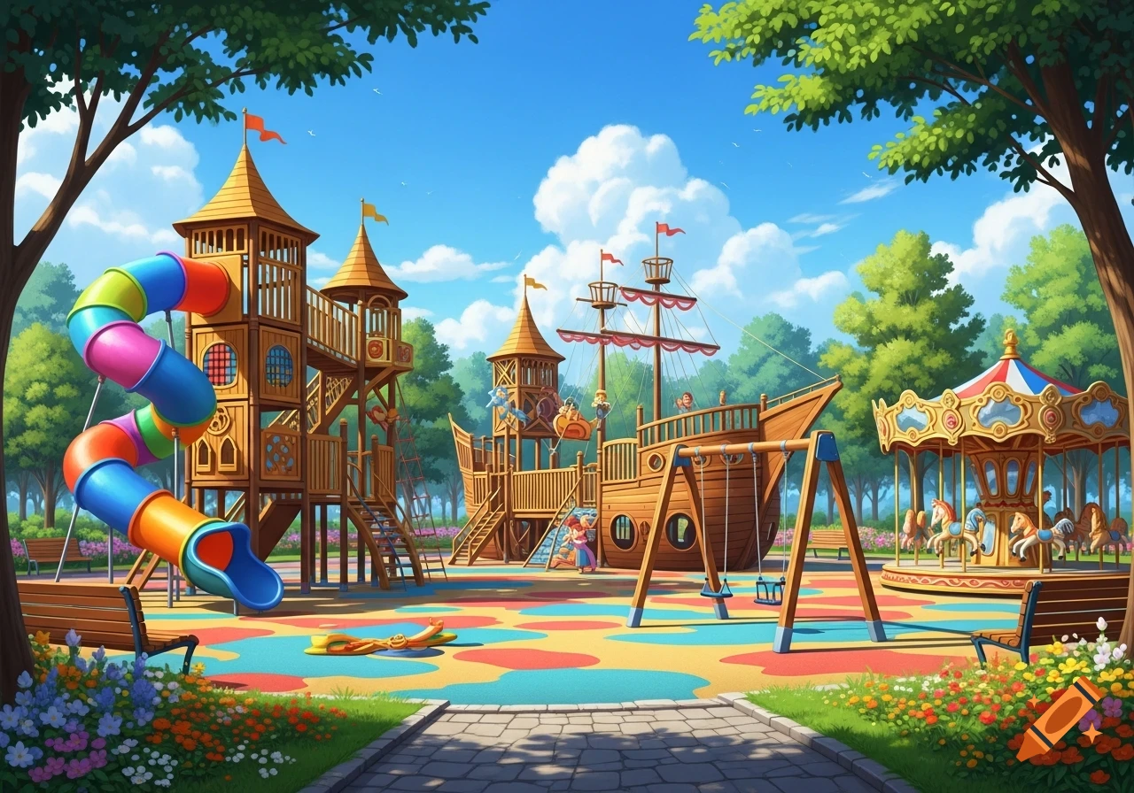 A vibrant, colorful cartoon playground featuring a pirate ship, slides, swings, and a carousel under a blue sky.