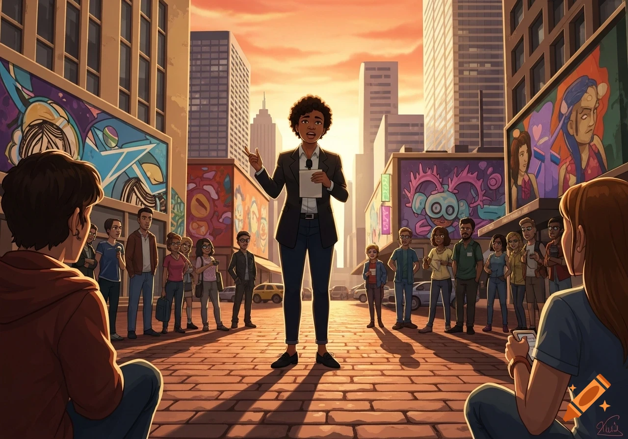 An illustrated scene of a diverse crowd listening to a speaker in a city street with tall buildings and colorful murals.