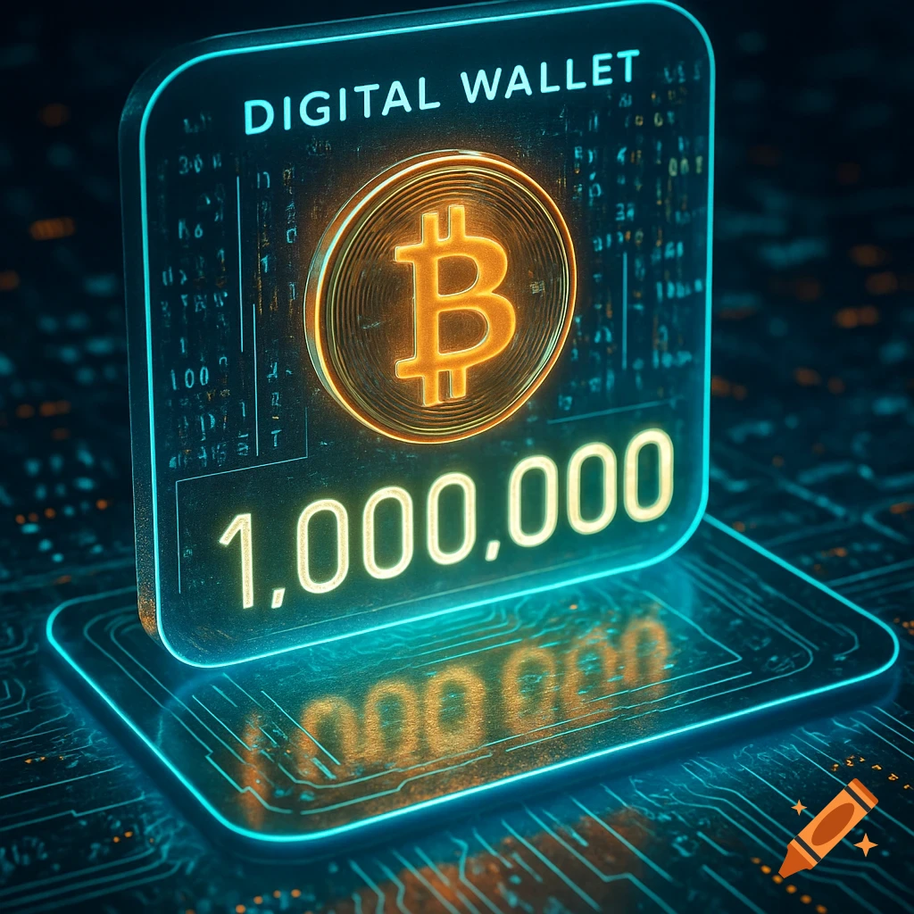 A glowing digital wallet screen with a Bitcoin symbol, "DIGITAL WALLET", and "1,000,000" over a circuit board background.