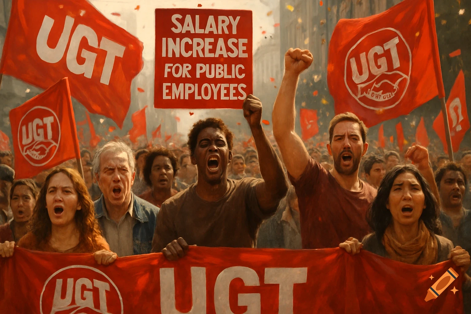 Photorealistic image of a diverse crowd at a protest, shouting and raising fists, holding red UGT flags and a sign demanding 'SALARY INCREASE FOR PUBLIC EMPLOYEES'.