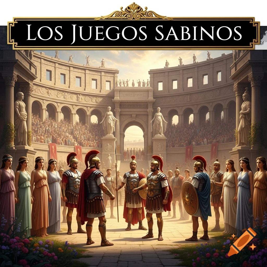 Roman soldiers and women in togas gather in a large amphitheater with a crowd, under a banner reading 'LOS JUEGOS SABINOS'.