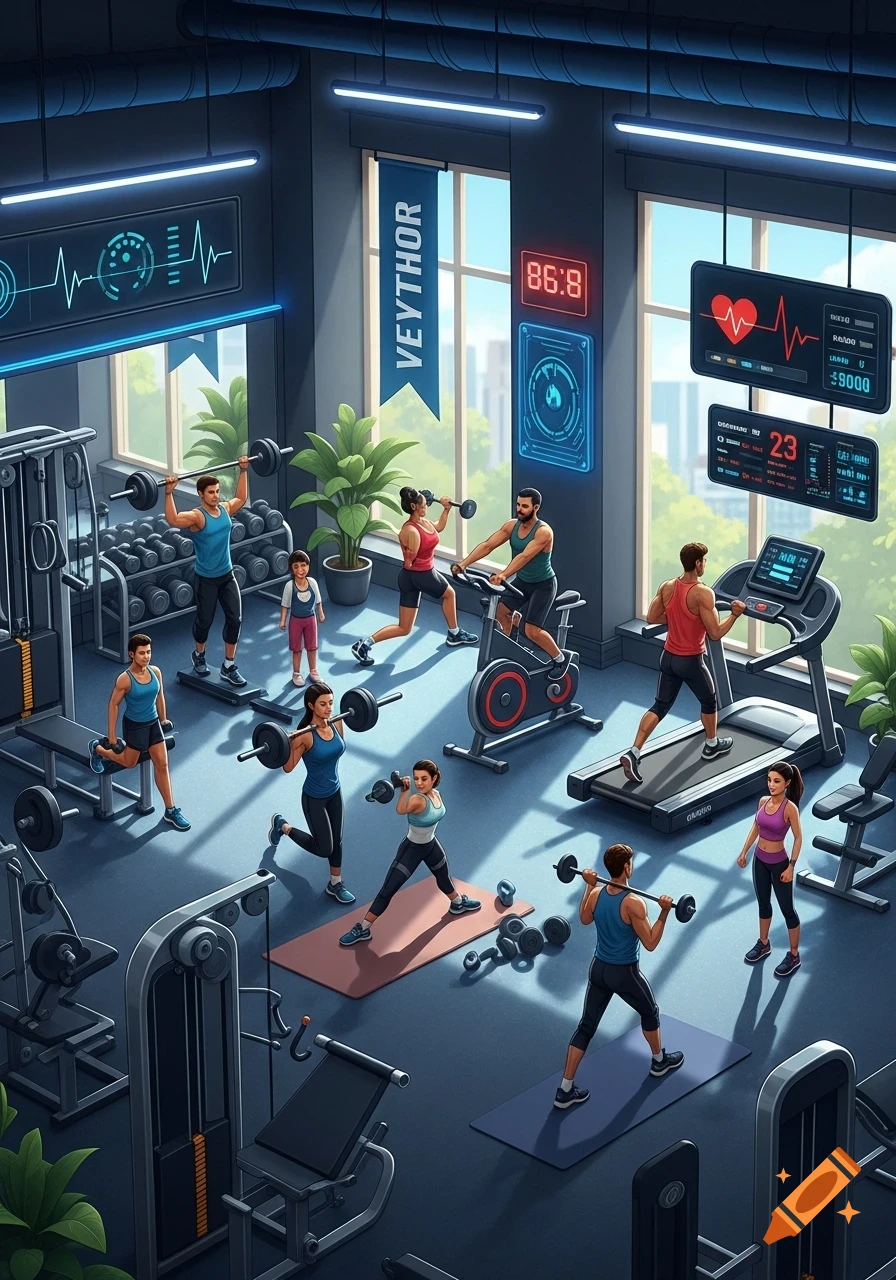 An isometric illustration of a modern gym with various people exercising on treadmills, stationary bikes, and lifting weights, under bright natural light.
