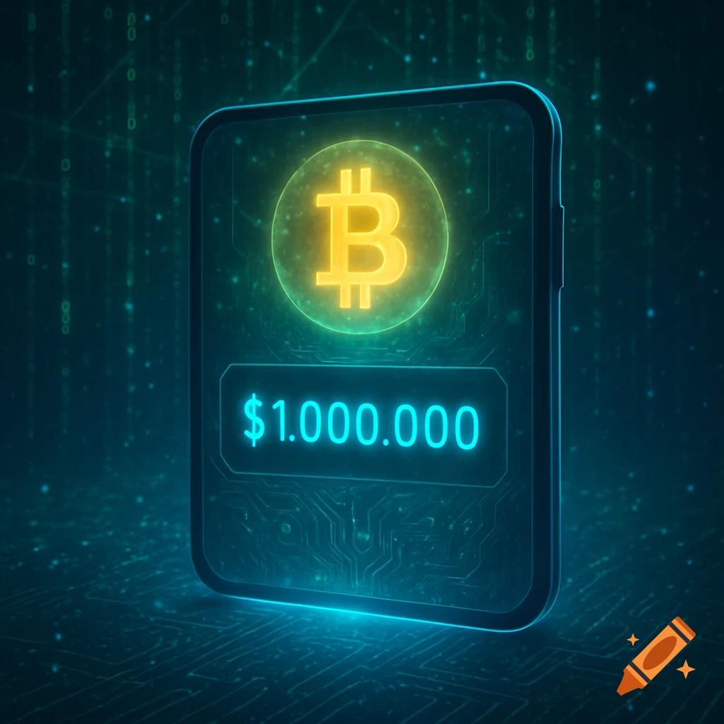 Neon glowing Bitcoin logo and a $1,000,000 balance displayed on a smartphone screen with a digital circuit background.