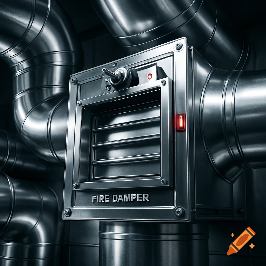 A close-up of a metallic fire damper with a red indicator light and a lever, surrounded by shiny ventilation ducts in an industrial setting.