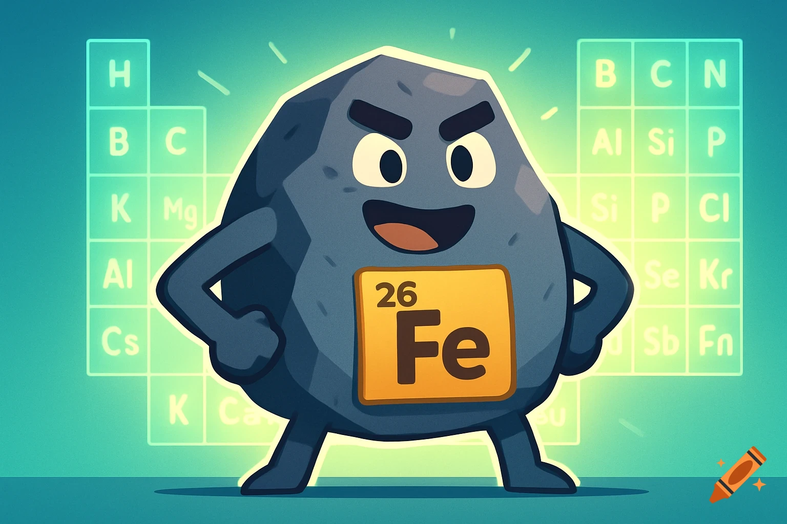 A cartoon rock character with an angry expression and arms akimbo stands in front of a glowing periodic table. His chest displays a yellow square with '26 Fe'.