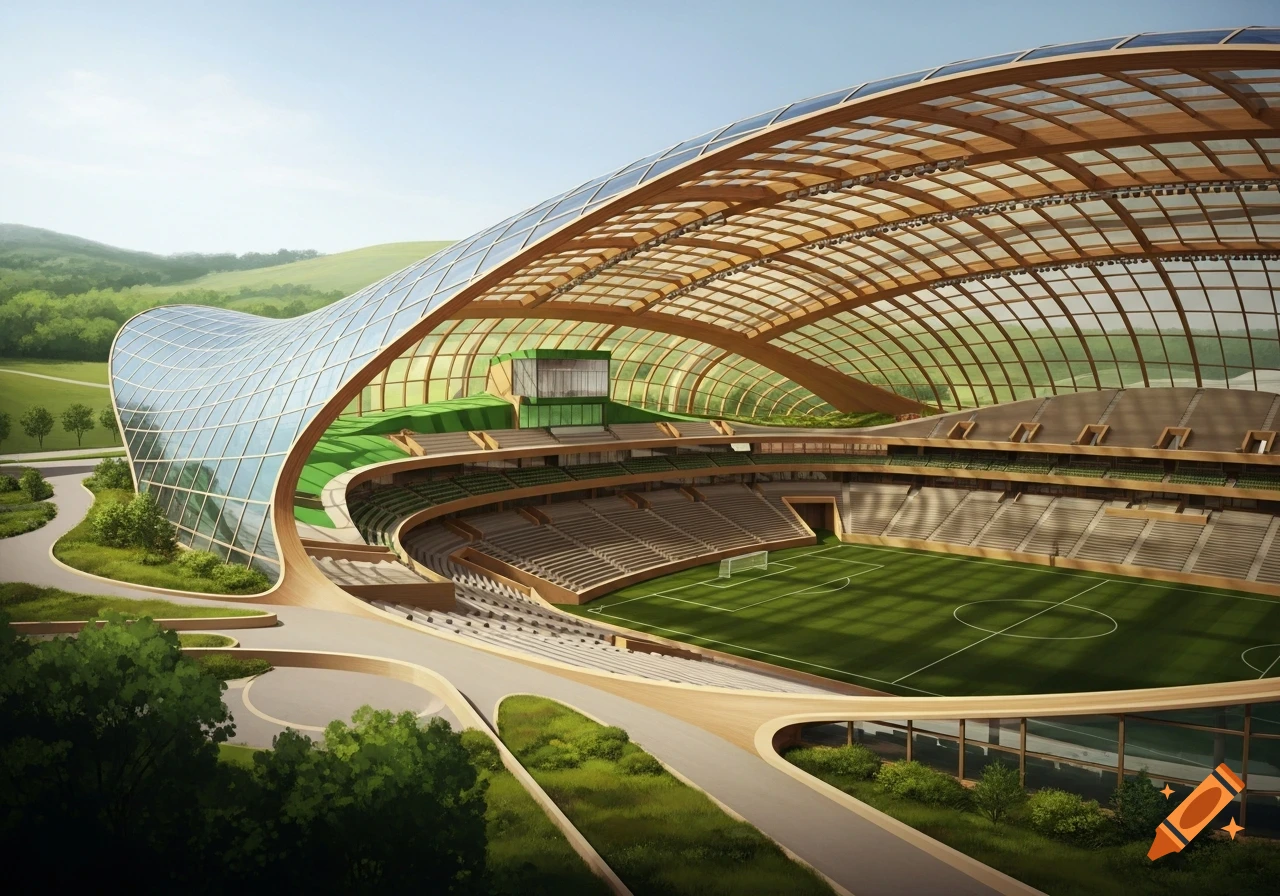 Aerial view of a modern football stadium with a curved glass and wood roof, surrounded by green landscape.