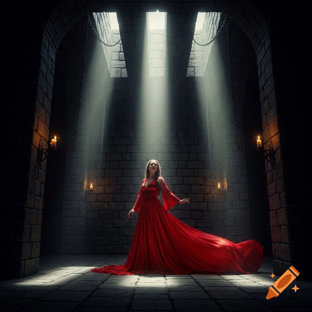 A woman in a flowing red dress stands in a dimly lit stone dungeon with ...