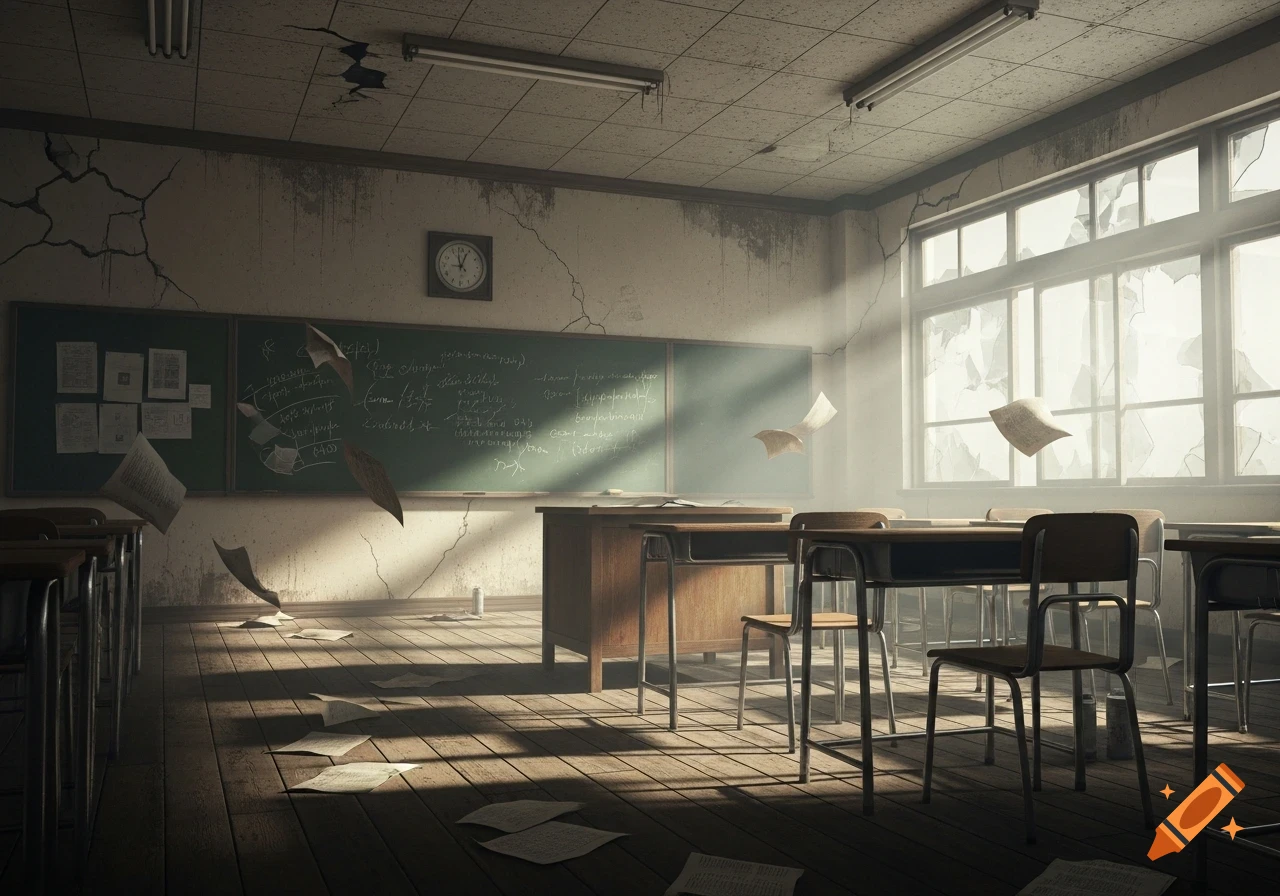 Eerie, abandoned classroom with scattered papers, a blackboard with illegible writing, and sunlight streaming through broken windows.