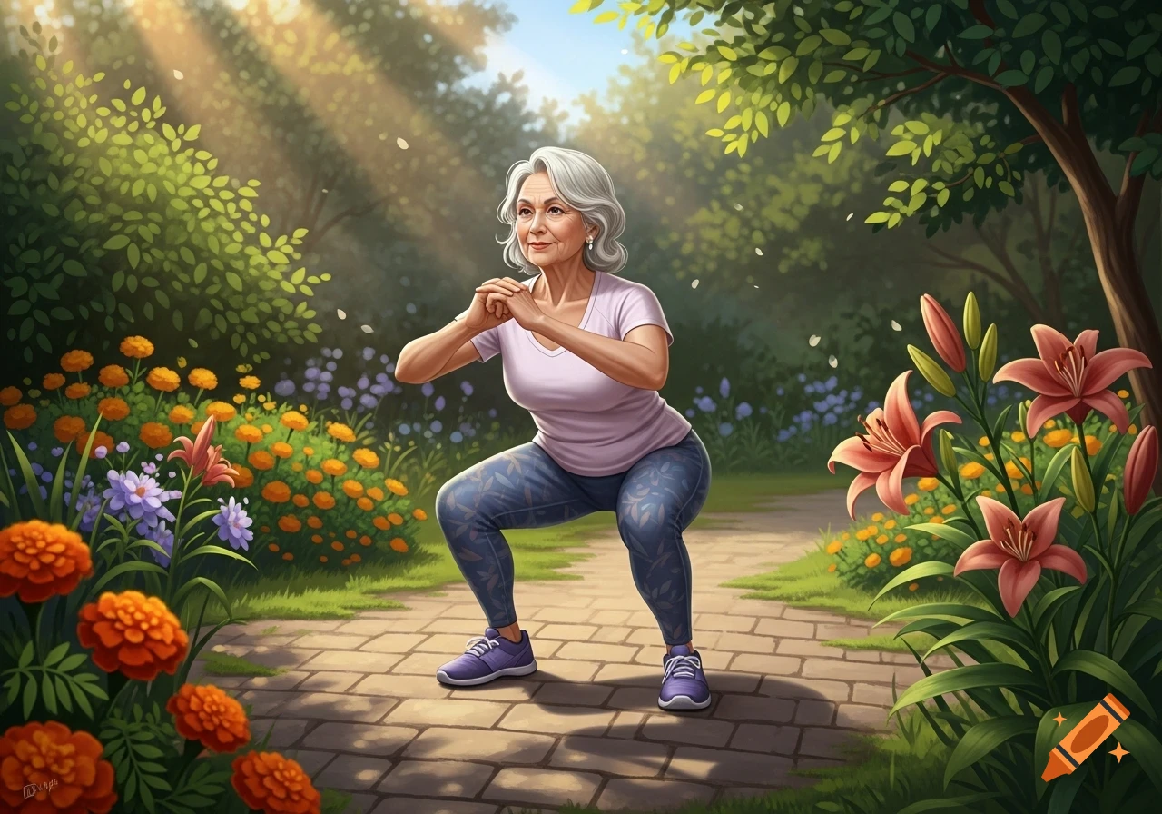 An elderly woman with grey hair does squats in a sunny, flower-filled garden in an illustrative style.