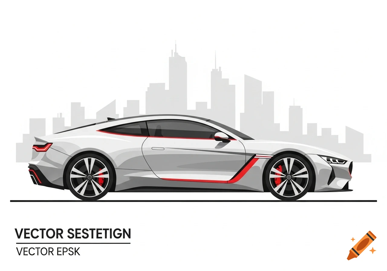 Vector illustration of a white sports car with red accents, viewed from the side, against a grey city skyline on a white background.