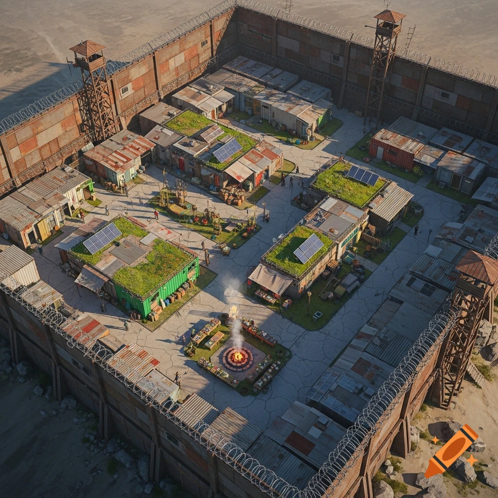 Top-down view of a detailed post-apocalyptic walled commune with makeshift buildings, solar panels, watchtowers, and a central fire pit.