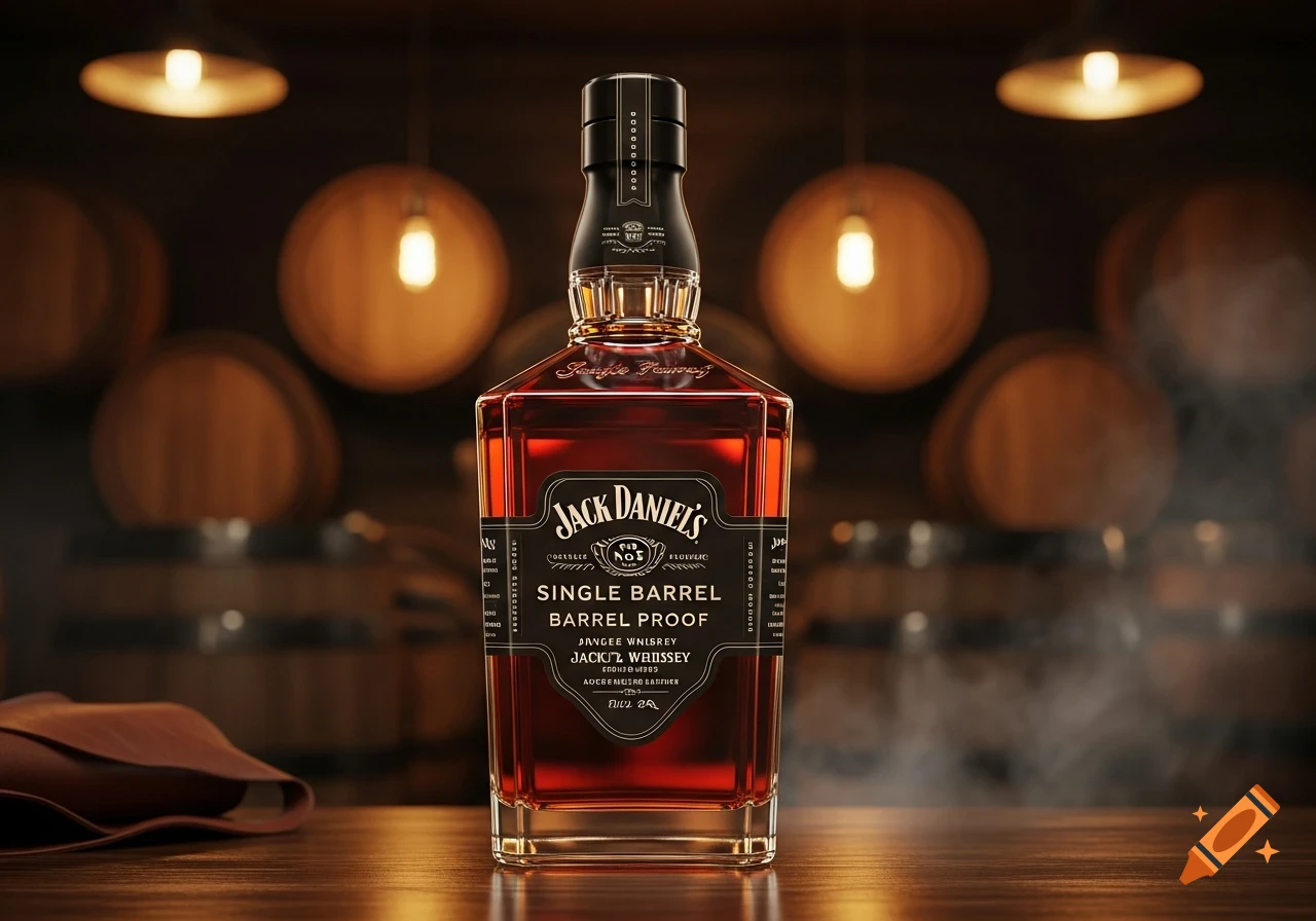 A photorealistic image of a Jack Daniel's Single Barrel Barrel Proof whiskey bottle on a wooden table, with blurry wooden barrels and warm lights in the background.