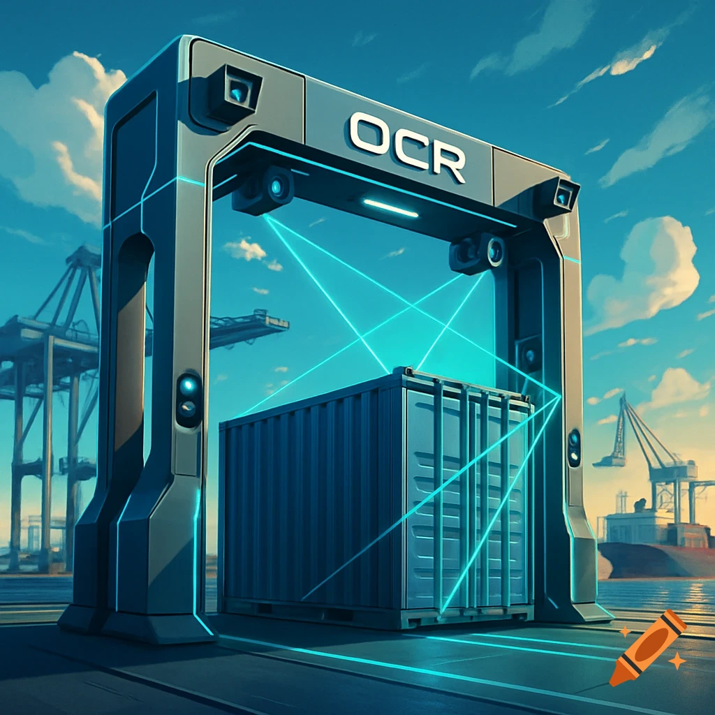 A futuristic OCR gate system scanning a shipping container at a harbor, featuring bright blue glowing lines, in a stylized digital art style.